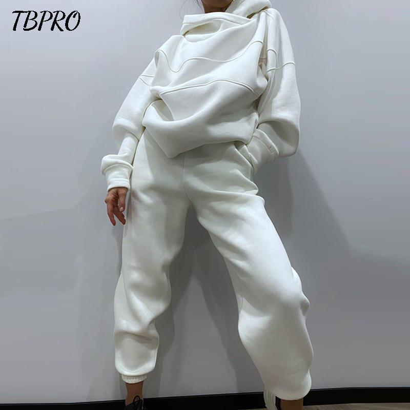 Casual Women Solid Fleece Two Piece Set Oversize Hoodies And High Waist Trousers Suit Autumn Winter Female Sportswear Tracksuits 220817