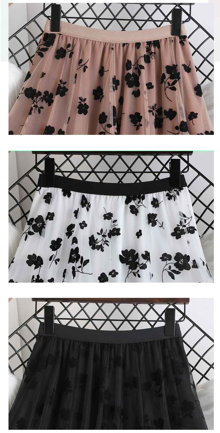 Summer Mesh Print Floral Long Skirt Women Clothes Elastic High Waist Casual Pleated Vintage Mid-calf Tulle Skirts Woman 2022