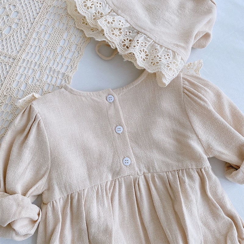 Lace Princess Toddler Romper Autumn Retro born Baby Girl Clothes Cotton Spring Pure Color Infant Outfits 2pcs With Hats 220707