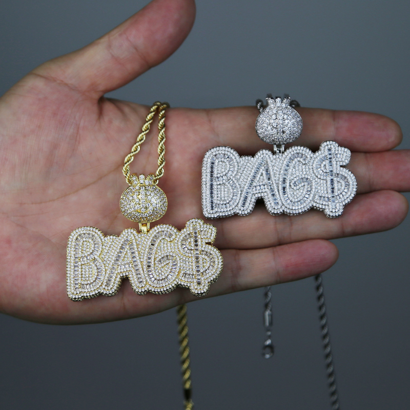 Iced out money bag pendant paved full cz stone hip hop cuban chain necklace plated gold silver for women men high quality jewelry wholesale