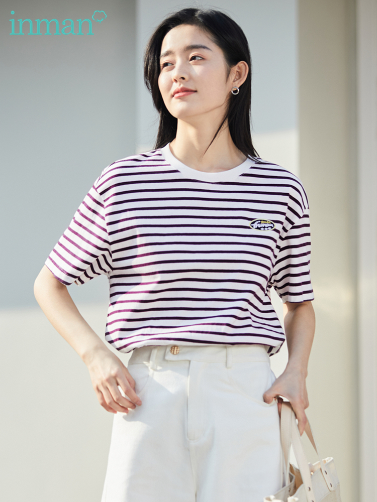 INMAN Summer Womens Tshirt Short Sleeve Woman Clothes Stripe Casual Top Women Round Collar Fashion Woman Blouses Ropa Mujer 220527