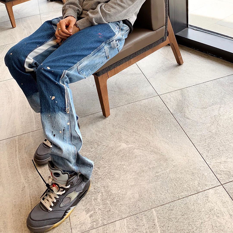 Distressed Splash Ink Flare Jeans Urban Streetwear Patch Mens Graffiti Flared Hip Hop Washed Blue Slim Fit Denim Pants Men 220408