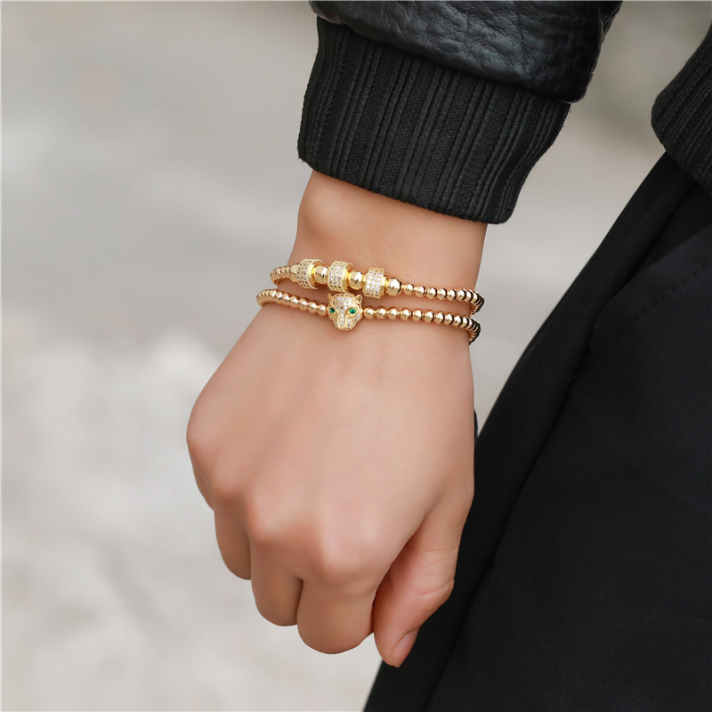 Factory Design CZ Leopard Head Charm Bracelet Colorful 4MM Copper Beads Strands Bracelets 2pcs/set
