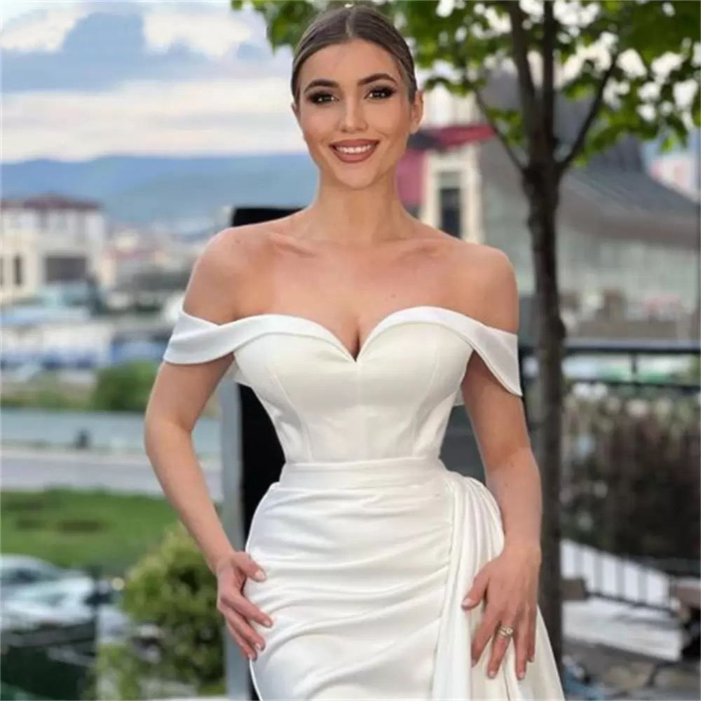 Sexy Off Shoulder Mermaid Wedding Gowns Elegant Satin Arabic Aso Ebi Vintage Boho Garden Bridal Dresses Sweep Train Peplum Vestidos De Novia Reception