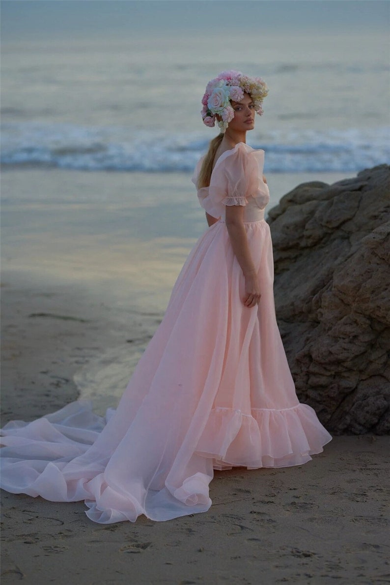2022 Sexy Slit Blush Pink Prom Dresses For Women Sweetheart Short Sleeve Long Beach Formal Party Gowns A Line Ruffles Engagement Evening Dress