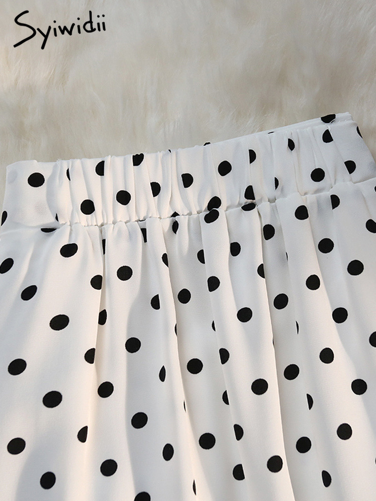 Syiwidii Shirring Side Slit Womens Skirts Polka Dot Print White High Waist Back Elastic Band Elegant Ladies Midi Long Skirt 220701