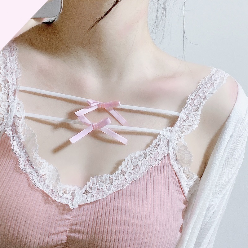 Pink Crop Top Women Summer Cute Y2k Tops Lace Trim Bow Decoration Slim Camis Sweet Girl Lolita Style Aesthetic Kawaii Clothes 220316