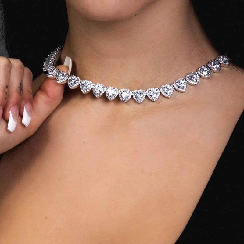 Chokers Iced Out Bling 5A Cubic Zirconia Heart CZ Cluster Necklace For Women Girlfriend Lover Tennis Chain Choker NecklaceChokers ChokersCho