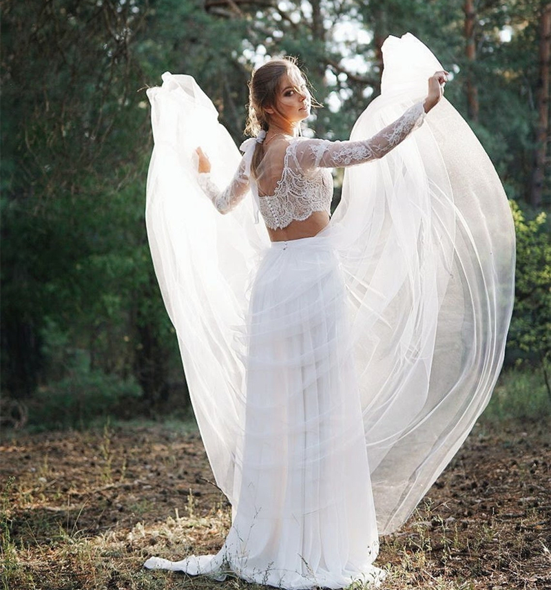 Bohemian A Line Wedding Dress Two Piece Long Sleeve Ivory Lace Tulle Beach Bridal Gowns Sheer Neck Country Boho Bride Dresses 2022 Robe De Mariage