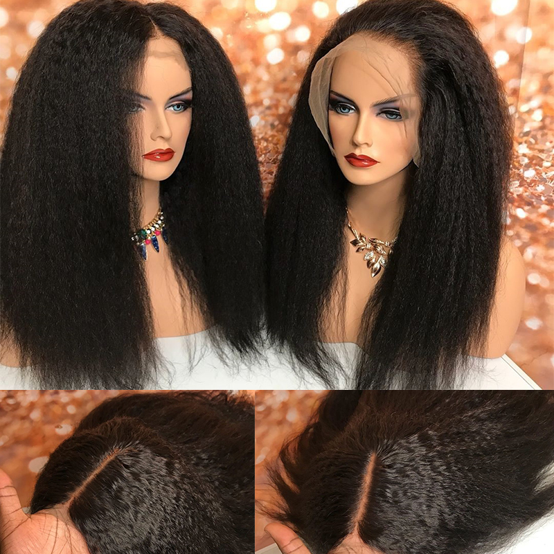 220 Density Kinky Straight Synthetic Lace Front Wigs For Black Women Yaki Straight Wig Pre Plucked Hairline with Baby Hair