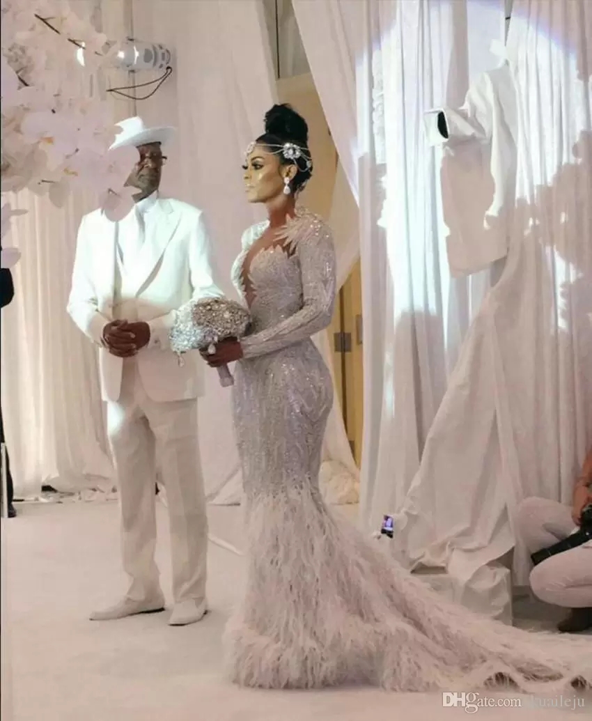 Modest Mermaid Wedding Dresses Jewel Neck Long Sleeve Tulle Lace Applique Crystal Feather Wedding Gowns Sweep Train robe de mariée BES121