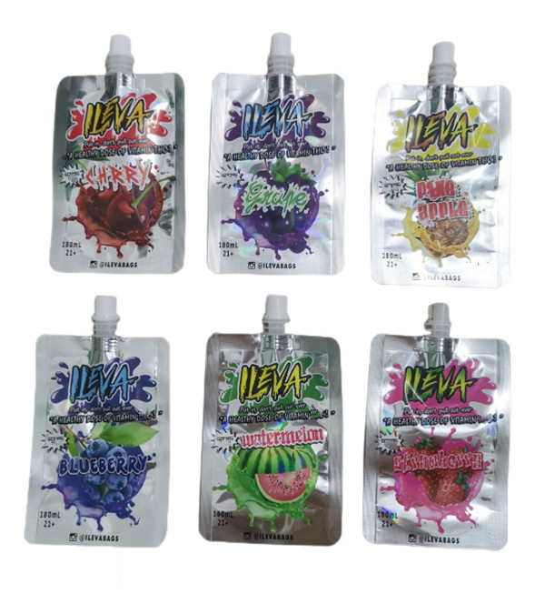 empty ILEVA 600mg 180ml foil bag edible juice package with suck Nozzle blueberry watermelon cherry smell proof Suction spout top pouch custom
empty ILEVA 600mg 180ml foil bag edible juice package with suck Nozzle blueberry watermelon cherry smell proof Suction spout top pouch custom
