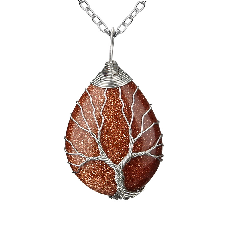 Silver Brass Wire Wrapped Tree of Life Natural Crystals Agate Pendant Necklace Healing Stone Necklaces