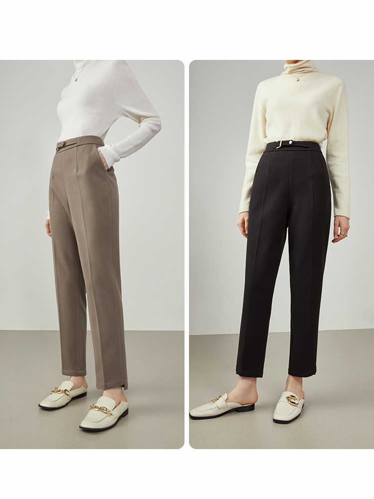 FSLE Women's Winter Nine-point Thick Woolen Trousers Black Straight-leg Suit Slack Waist Decoration Beige Pants 220325