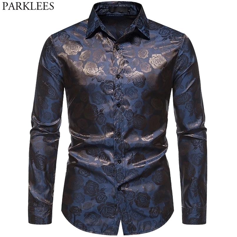 PARKLEES Rose Jacquard Men Shirt Button Up Slim Long Sleeve Dress Shirts Vintage Wedding Bridegroom Chemise Homme 220322