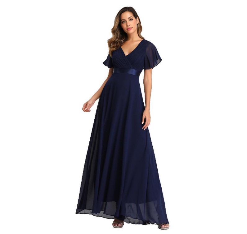 Short Sleeve Evening Dresses Elegant V-Neck Ruffles Chiffon Formal Prom Gown Party Dress Robe De Soiree 2022