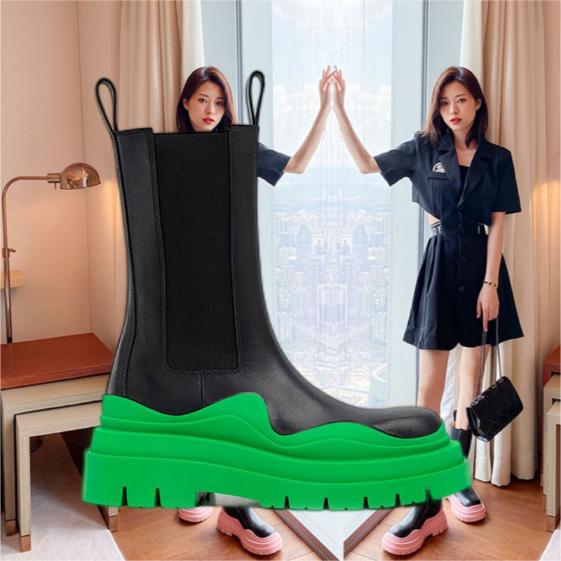Two tone Tire Chelsea BOOTS women platform chunky boot lady luxe design men Mid-Calf desiger calfskin slip-on style round toe boots rubber Apple green sole 35--45
