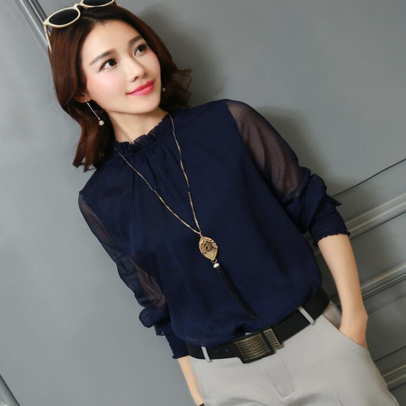 Chiffon Blouse Women Tops Long Sleeve Stand Neck Work Wear Shirts Elegant Lady Blouses Casual Solid Color Blusas 220322