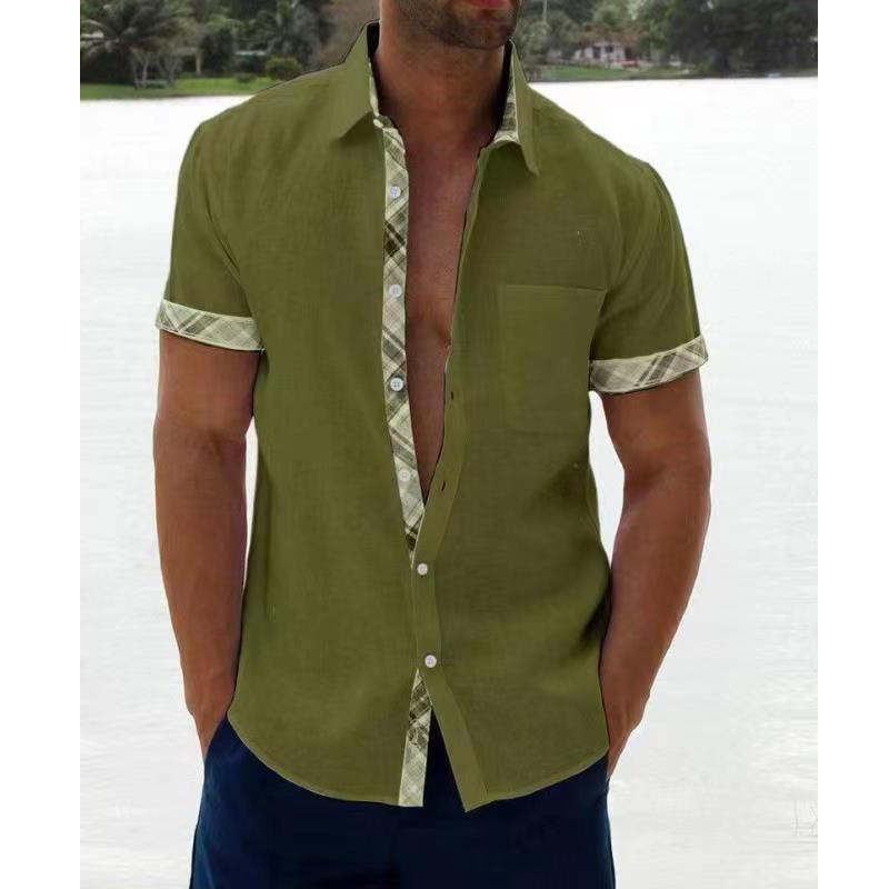 Men's Casual En Short Sleeve Button Up Shirt Summer Loose Comfortable Patchwork Cotton Tee Holiday Beach Wear