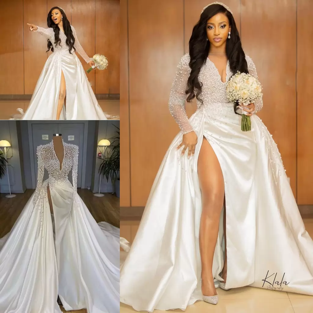 Long Sleeves Gorgeous Wedding Dresses Bridl Gown Jewel Plunging V Neck Tulle Stin Beded Perls High Split Ruffles Custom Mde Plus Size Vestidos De esti
