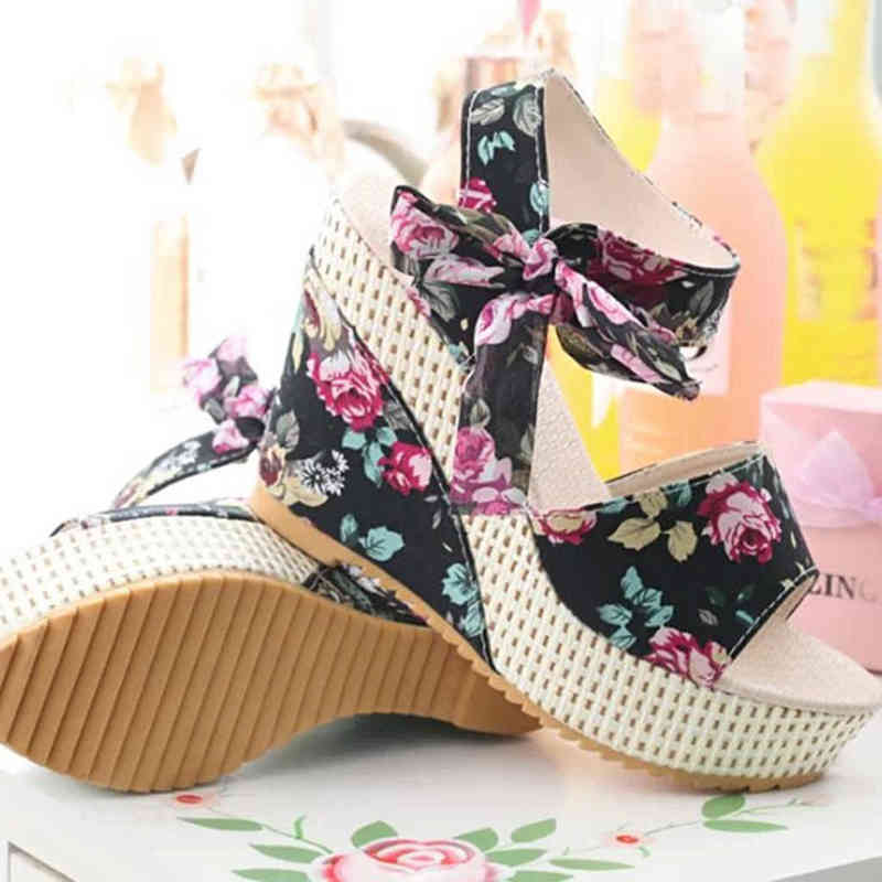 Heel Shoes Woman 2022 Fashion Platform Wedges Women Sandals Floral Flower Lace-up Footwear Female Open Toe Sandalias Mujer Shoe Y220421