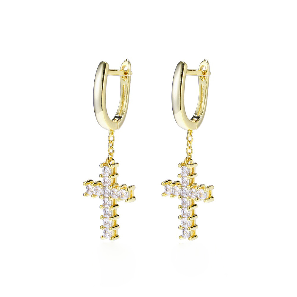 Hip Hop Cross Hoop Earrings Bling White Zircon Drop Earrings 18K Real Gold /Platinum Plated