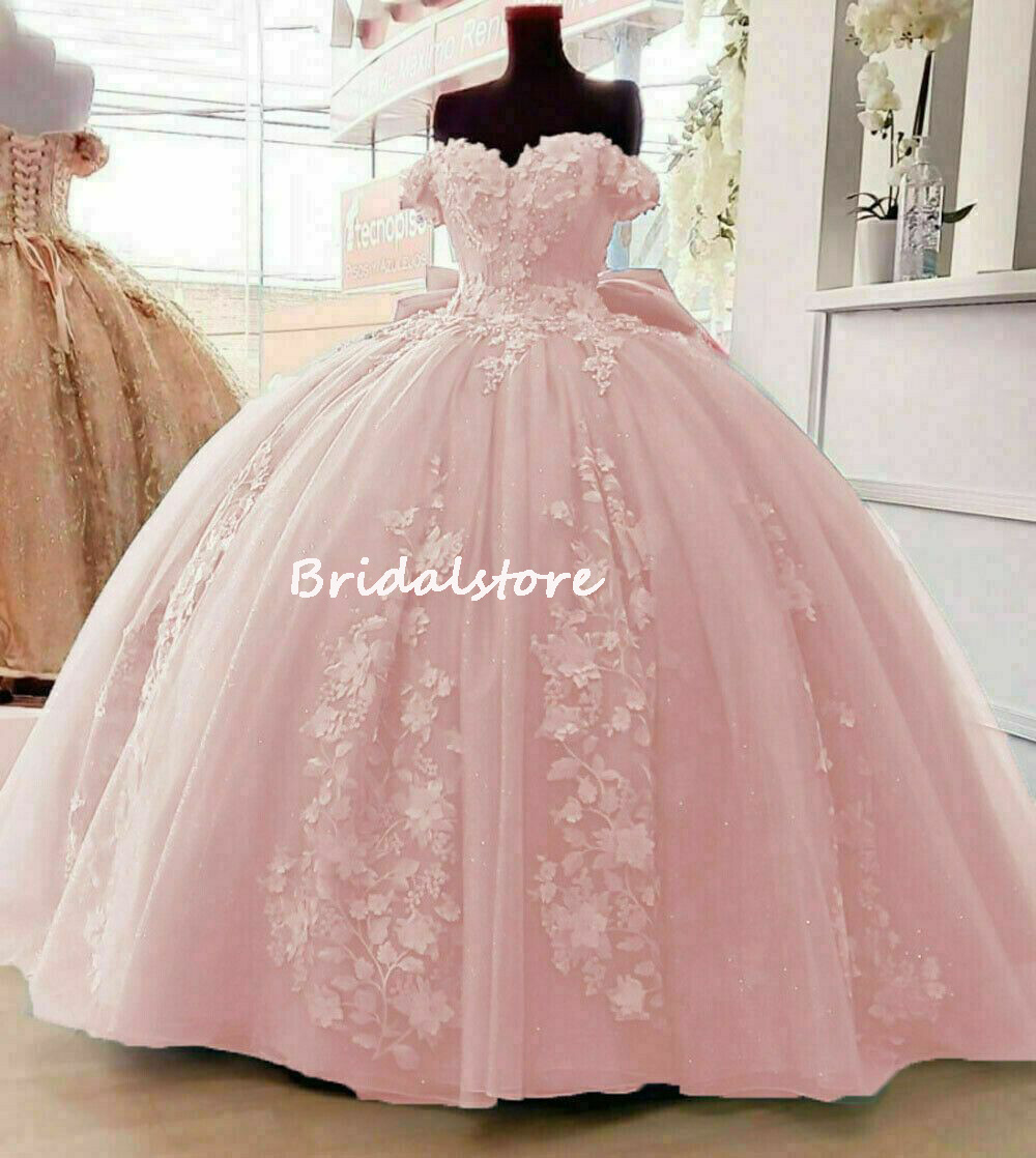 Luxury Pink Dusty Blue Quinceanera Dresses Charro Puffy Tulle Florals Ball Gown Prom Dress With Big Bow Birthday Party Sweet 16 Gowns With Beaded Off 
