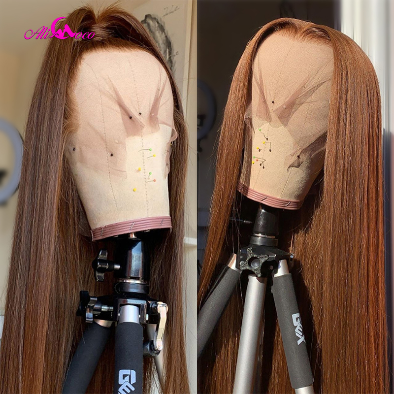 13x4 Brown Colored Straight Lace Front Wigs Brazilian 180% Synthetic Wigs Simulation Human Hair For Black Women PrePlucked