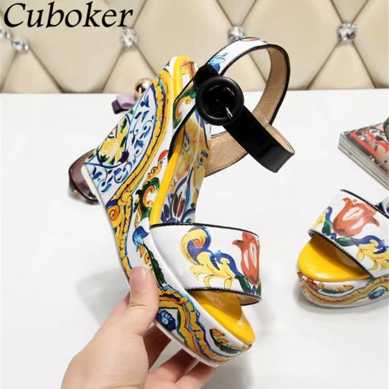 Summer Runway Sandals Women Yellow Multicolour Painting Peep toe Wedge High Heels Buckle Ankle Strap Ladies Dress Shoes 220721