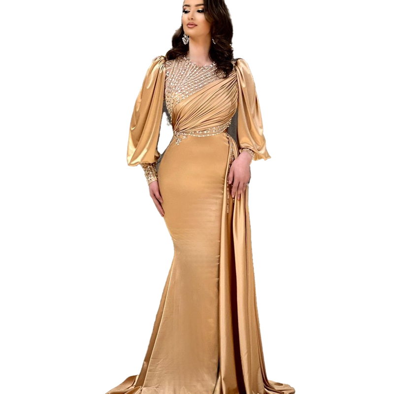 Luxury Aso Ebi Gold Mermaid Evening Dresses Crystals Beaded Puff Long Sleeve Silk Satin Prom Dress Jewel Neck Elegant Special Occasion Gowns For Women