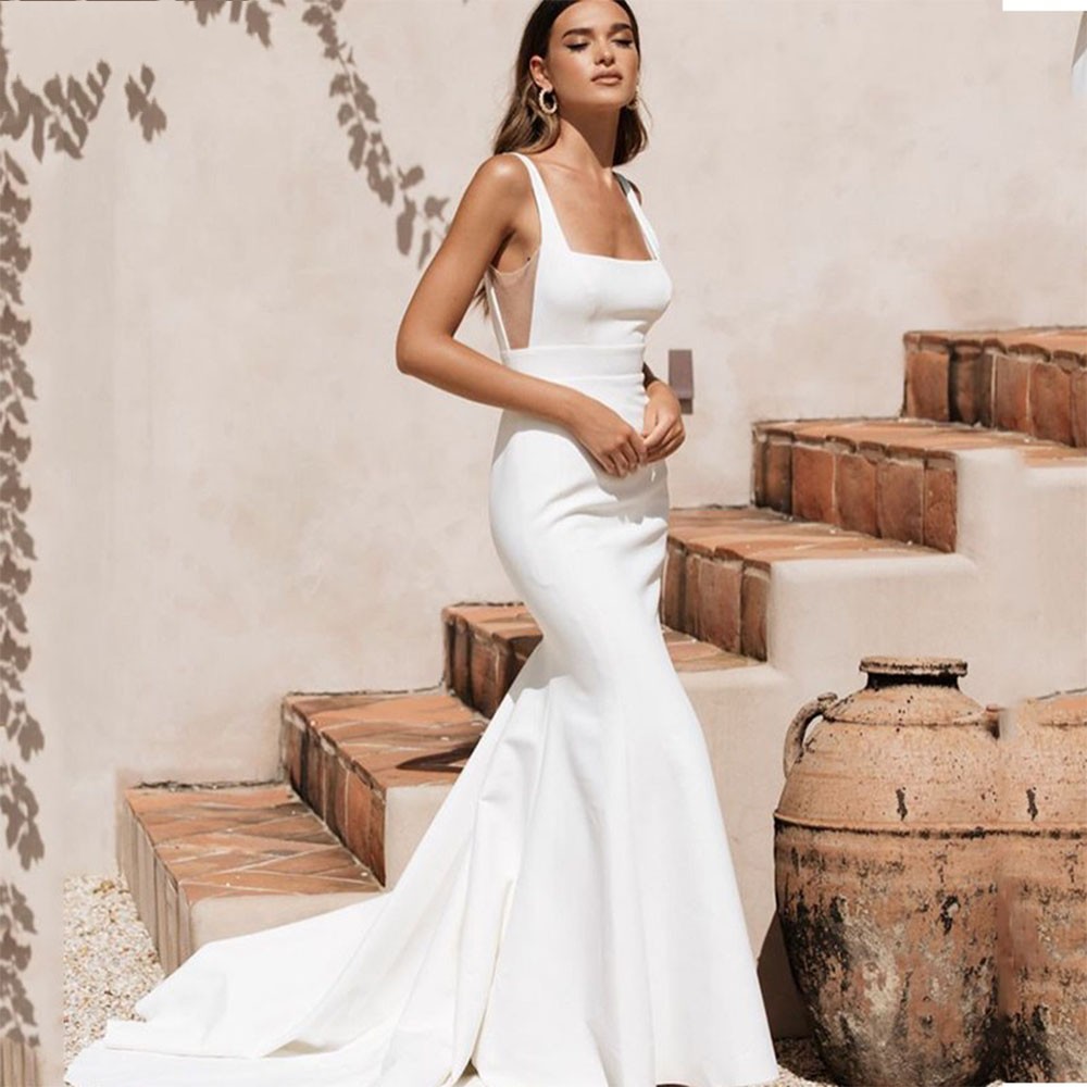 Backless Square Collar Satin Mermaid Wedding Dress Sexy White Spaghetti Straps Chic Boho Bridal Gowns vestidos de novia 2022 Robe De Mariee