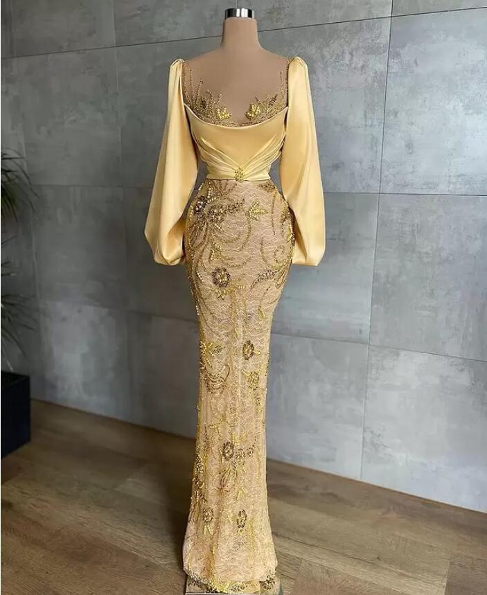 Daffodial Mermaid Long Sleeves Prom Dresses Beading Sheer Neck Evening Dress Custom Made Gorgeous Women Formal Celebrity Party Gown