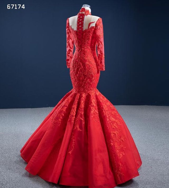 Red Applique Mermaid Prom Dresses evening gown 2022 Real Image High Neck Illusion Long Sleeve lace-up corset princess trumpet Dress
