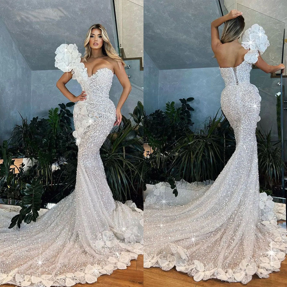 Sexy Luxurious Mermaid Wedding Dresses One Shoulder V Neck Sleeveless Appliques Sequins Beads Sweep Train Lace Illusion Custom Made Bridal Dresses Ves