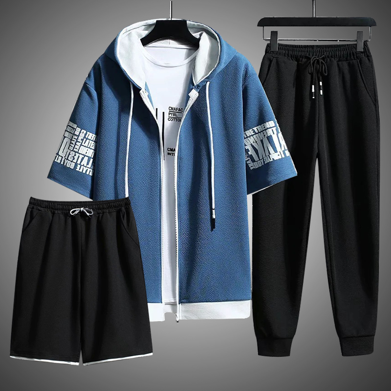 Sweat Suit Summer Men's Sets Hooded Zipper Short Sleeve TopsTrousersShort Men Clothing 3Piece Set Streetwear Tracksuit Men 220803