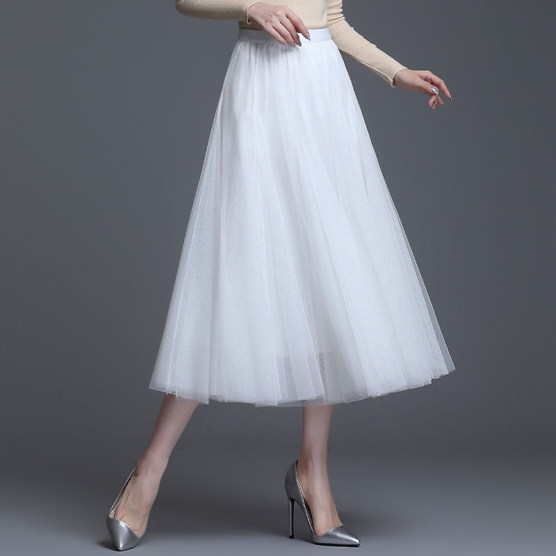 Winter Antumn Mesh Skirt Women Casual Long Skirts Elegant Faldas Saia Retro Elastic Waist Robe 220322