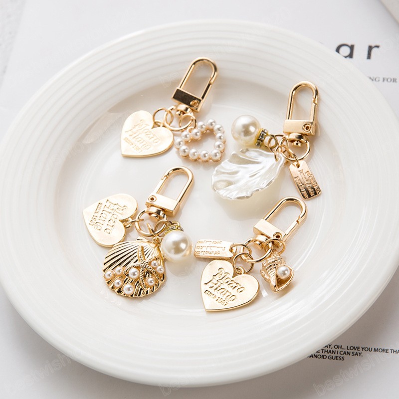 Peach Heart Pearl Shell Keychain Charms Creative Fashion Women Wedding Keyring Girlfriend Jewelry Gifts