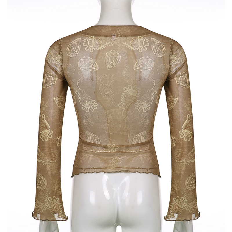 Darlingaga V Neck Floral Printed Bow Mesh T shirt Women Tops Flare Sleeve Retro Grunge Fairycore Lace Up Aesthetic Pullovers 220714