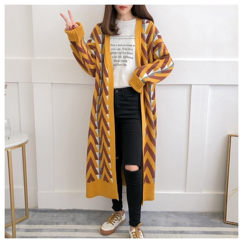 HSA Women Autumn Sweater Jacket Geometric Knit Cardigans Long Overcoat Winter Coat Woman 201203