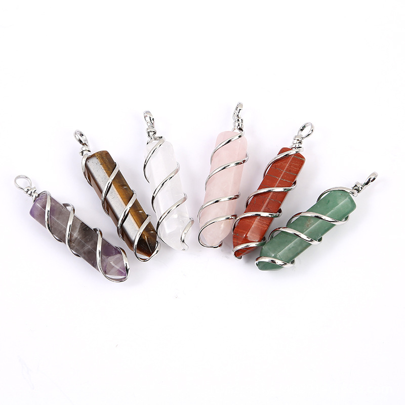Natural Stone Wire Wrapped Hexagonal Prism Healing Chakra Crystal Charms Pendants For Diy Earrings Necklace Jewelry Making