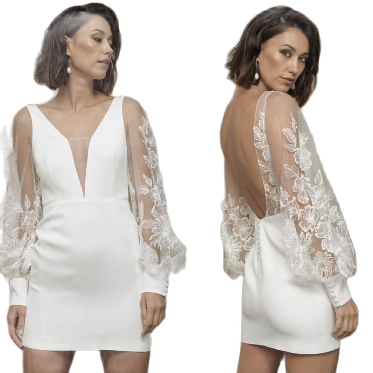 Chic Short Wedding Dresses for Bride Second Reception Gowns Lace Long Sleeved Open Back Party vestido de novia