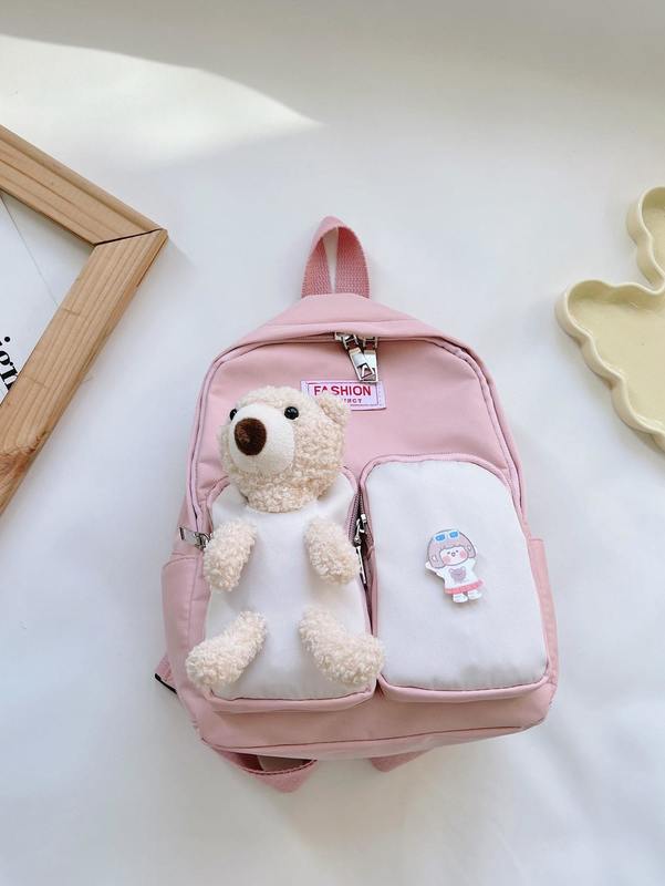 Kids Colorblock Cartoon Decor Multi-compartment Backpack SHE