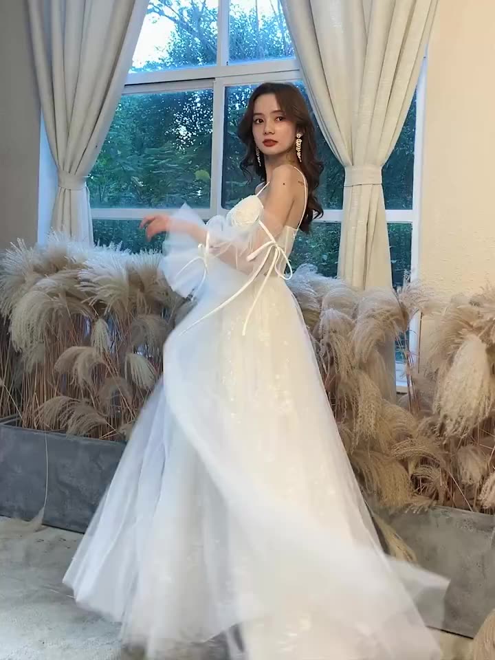 Fairy Boho Lace Wedding Dress 2022 With Sleeves Spaghetti Straps Bohemian Beach Wedding Dresses Corset A Line Tulle Civil Bride Chic Vestidos De Novia