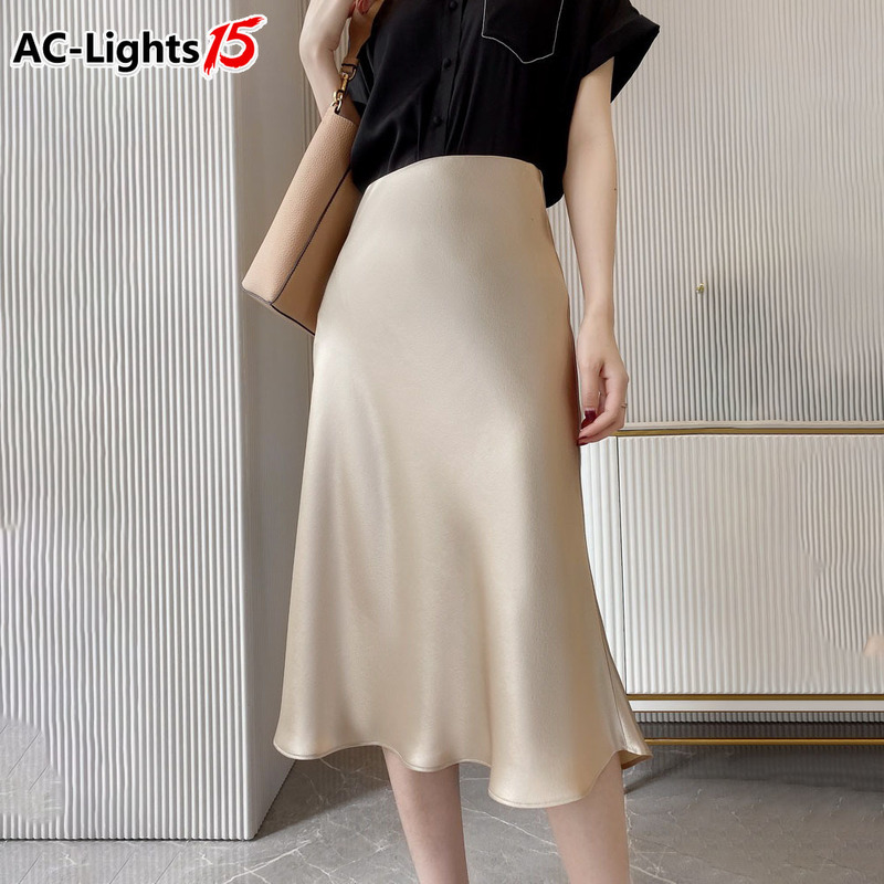 Women High Waisted Skirt Silk Satin s A-Line Elegant s Summer Pink Midi Korean Style AC 220322