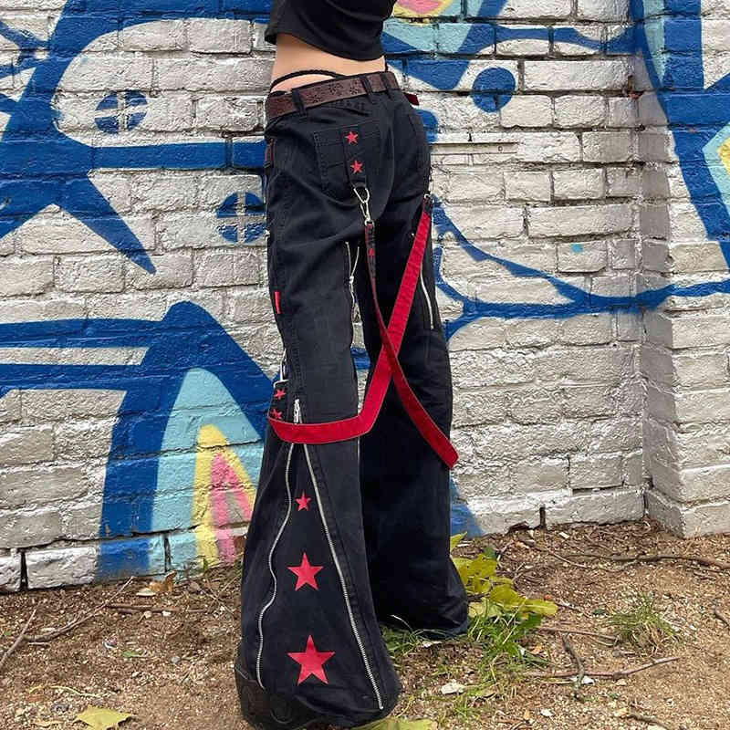 Fashion street trendsetter low waist flared pants Pentagram ribbon washed jeans zipper stitching punk style, Black
Fashion street trendsetter low waist flared pants Pentagram ribbon washed jeans zipper stitching punk style, Black