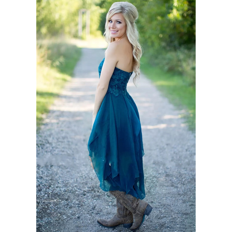 Country Bridesmaid Dresses Short Hot For Wedding Teal Chiffon Beach Lace High Low Ruffles Party Maid Honor Gowns Under 100