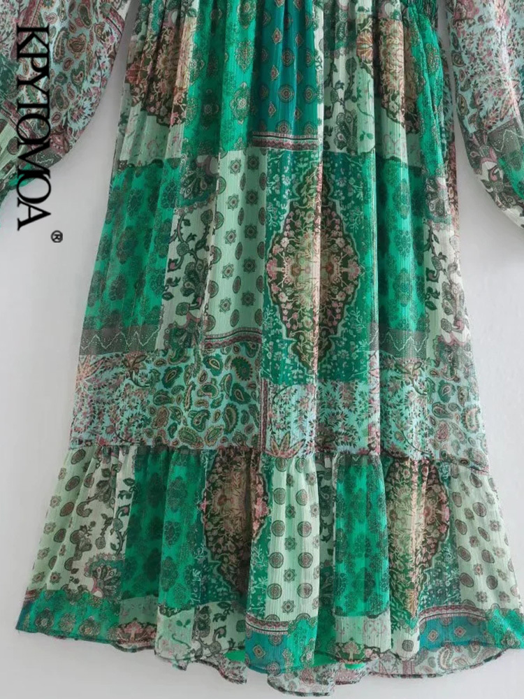 Women Fashion With Ruffles Patchwork Printed Midi Dress Vintage Long Sleeve Elastic Waist Female Dresses Vestidos Mujer 220526