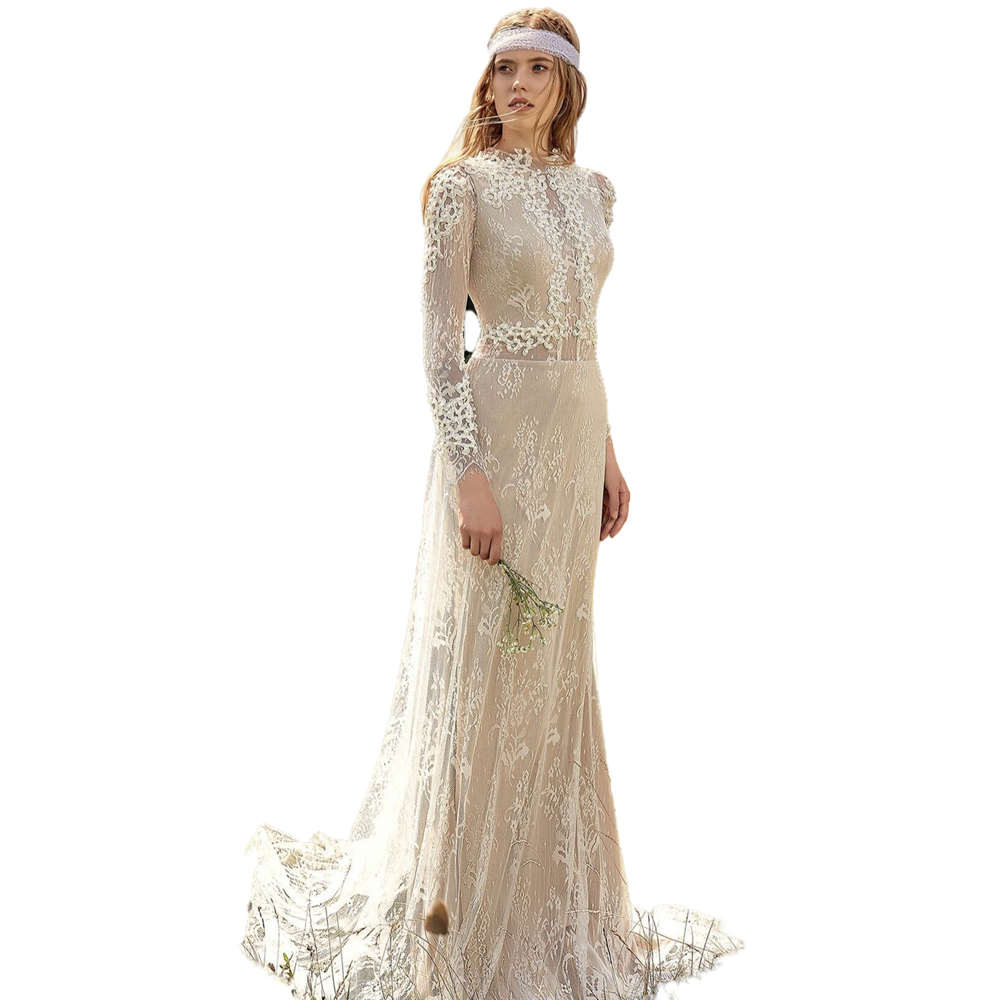 Bohemian Lace Wedding Dress Sexy Open Back Long Sleeve Jewel Neck Ivory And Beige Country Bridal Gowns Illusion Boho Beach Bride Dresses 2022 Summer A