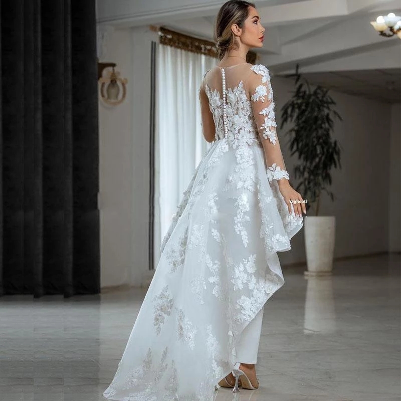 Sexy Illusion Long Sleeve Wedding Jumpsuit with Train Sheer O-neck Lace ral Country Bohemian Beach Lesbian Bridal Dress Pant Suit