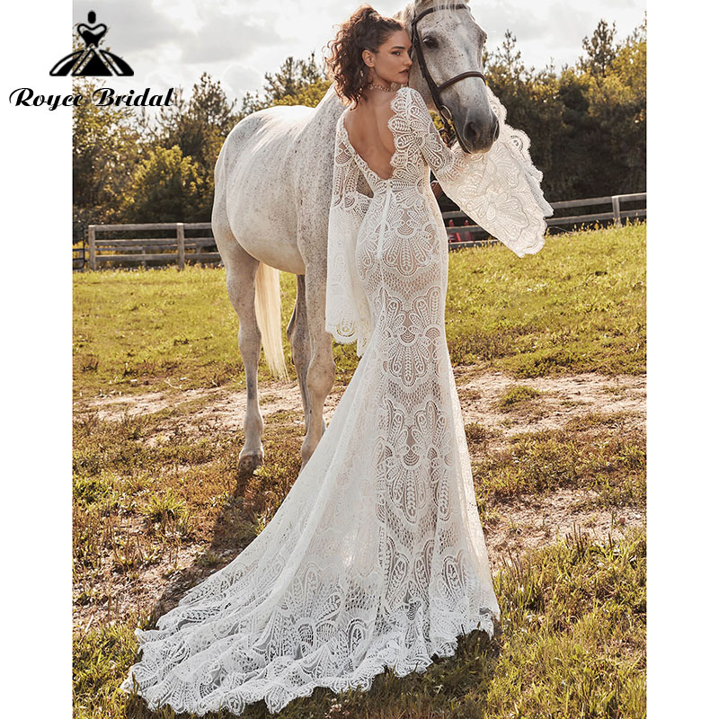 Vestido Boheme Mermaid Boho Wedding Dress Long Flare Sleeve Backless V Neck Lace beach country Bridal Gown Vestido de Noiva